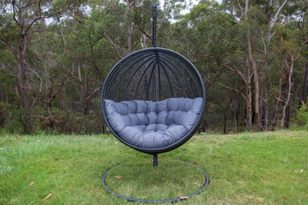 Istanbul Black Wicker Hanging Chair with Grey Cushion