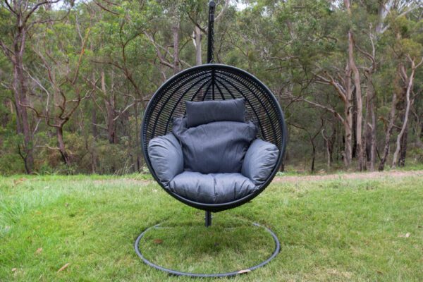 Istanbul Black Wicker Hanging Chair with Grey Grey Headrest Cushion