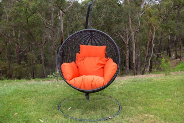 Istanbul Black Wicker Hanging Chair with Orange Headrest Cushion