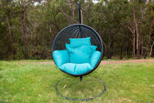 Istanbul Black Wicker Hanging Chair with Teal Headrest Cushion