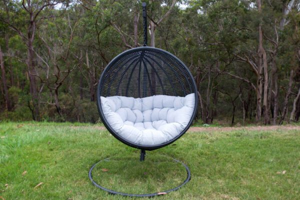 Istanbul Black Wicker Hanging Chair with Light Grey Cushion