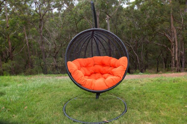 Istanbul Black Wicker Hanging Chair with Orange Cushion