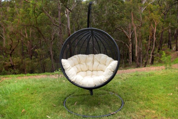Istanbul Black Wicker Hanging Chair with White Cushion