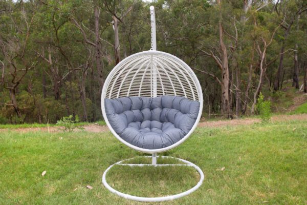 Istanbul White Wicker Hanging Chair with Grey Cushion