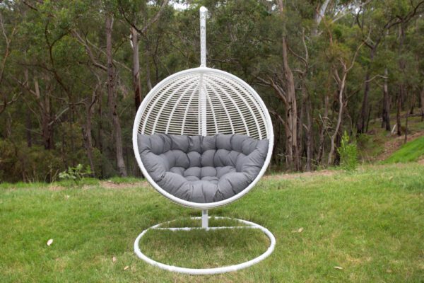 Istanbul White Wicker Hanging Chair with Grey Grey Cushion