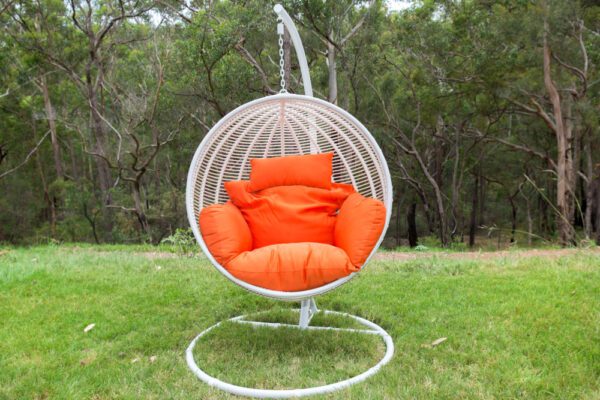 Istanbul White Wicker Hanging Chair with Orange Headrest Cushion