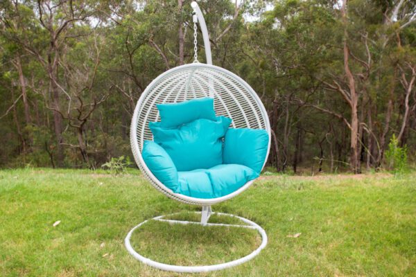 Istanbul White Wicker Hanging Chair with Teal Headrest Cushion