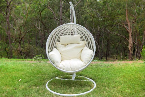 Istanbul White Wicker Hanging Chair with White Headrest Cushion