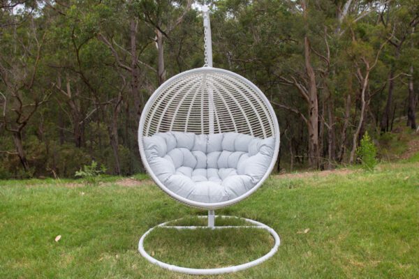 Istanbul White Wicker Hanging Chair with Light Grey Cushion