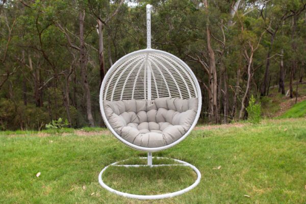Istanbul White Wicker Hanging Chair with Mushroom Cushion