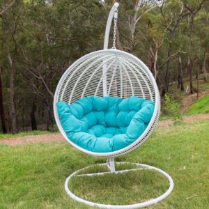 Istanbul White Wicker Hanging Chair with Teal Cushion