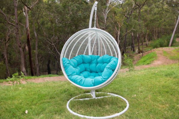 Istanbul White Wicker Hanging Chair with Teal Cushion