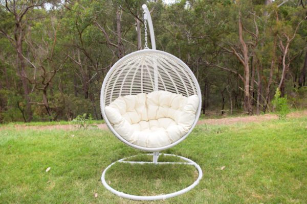 Istanbul White Wicker Hanging Chair with White Cushion