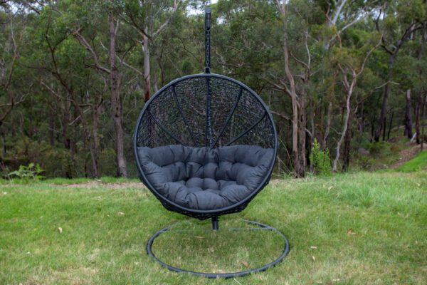 Marrakesh Black Wicker Hanging Chair with Charcoal Cushion
