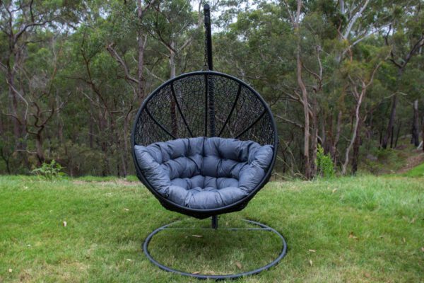 Marrakesh Black Wicker Hanging Chair with Grey Cushion