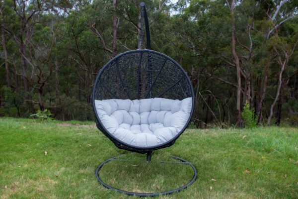 Marrakesh Black Wicker Hanging Chair with Light Grey Cushion