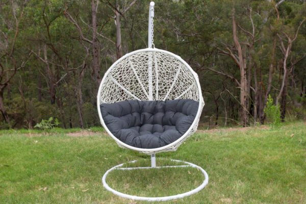 Marrakesh White Wicker Hanging Chair with Charcoal Cushion