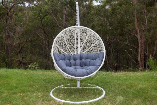 Marrakesh White Wicker Hanging Chair with Grey Cushion