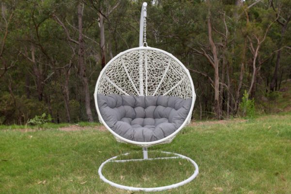 Marrakesh White Wicker Hanging Chair with Grey Grey Cushion
