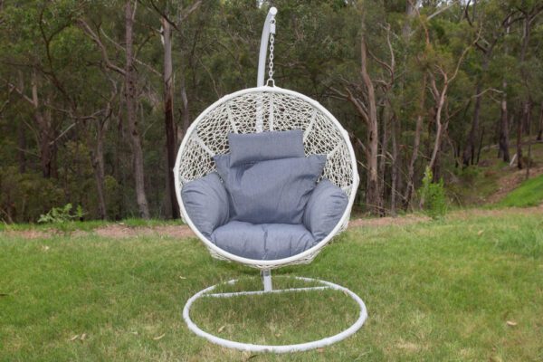 Marrakesh White Wicker Hanging Chair with Grey Headrest Cushion
