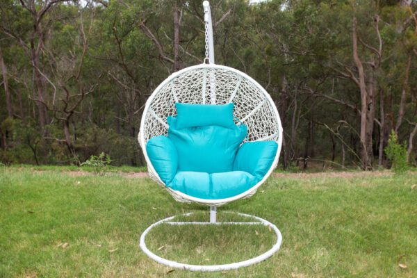 Marrakesh White Wicker Hanging Chair with Teal Headrest Cushion