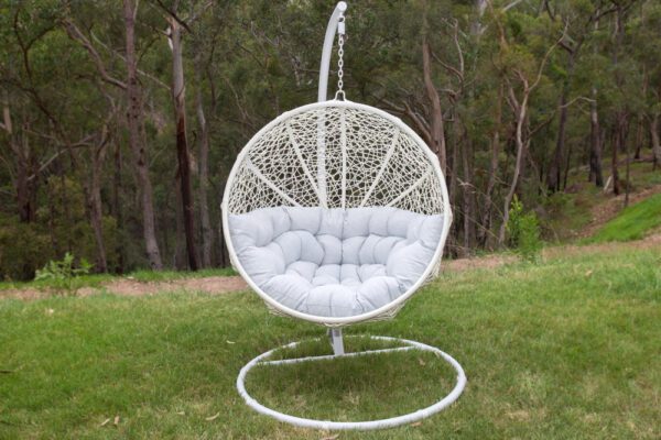 Marrakesh White Wicker Hanging Chair with Light Grey Cushion