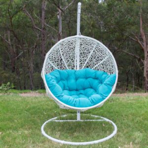 Marrakesh White Wicker Hanging Chair with Teal Cushion