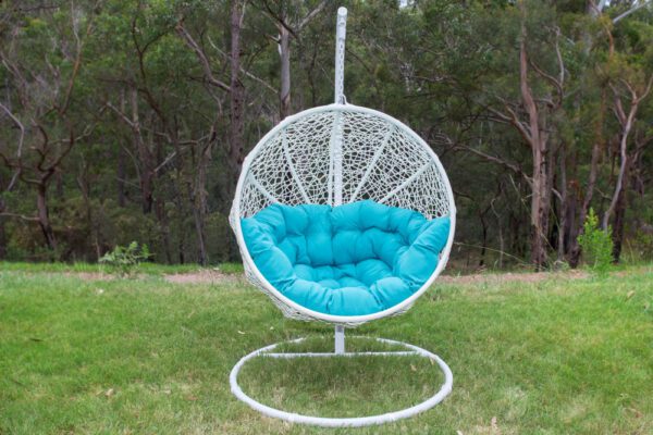 Marrakesh White Wicker Hanging Chair with Teal Cushion